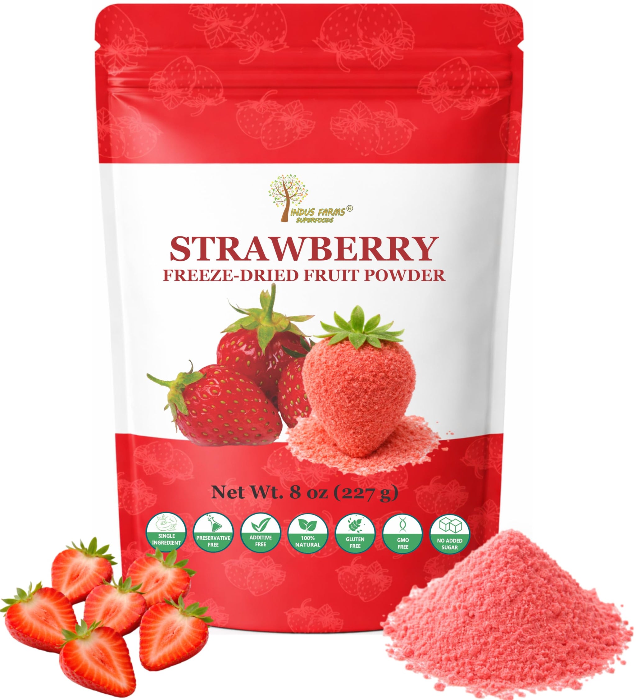 Indus Farms Freeze Dried Strawberry Powder - Pure Strawberry Fruit, No Added Sugar, Bold Real Fruit Flavor for Smoothies, Desserts, Baking & Sea Moss