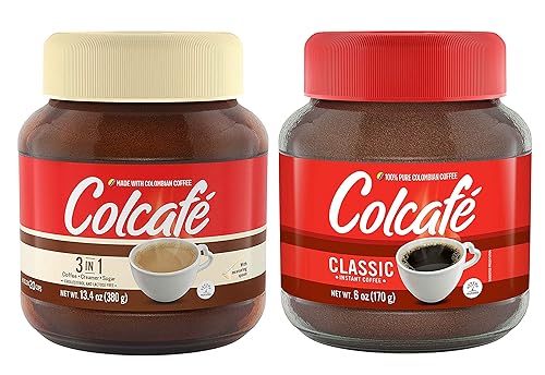 Colombian Coffee Colcafe COMBO, 1 Instant Classic Coffee 6 Oz & 1 Cafe con Leche 13.4 oz