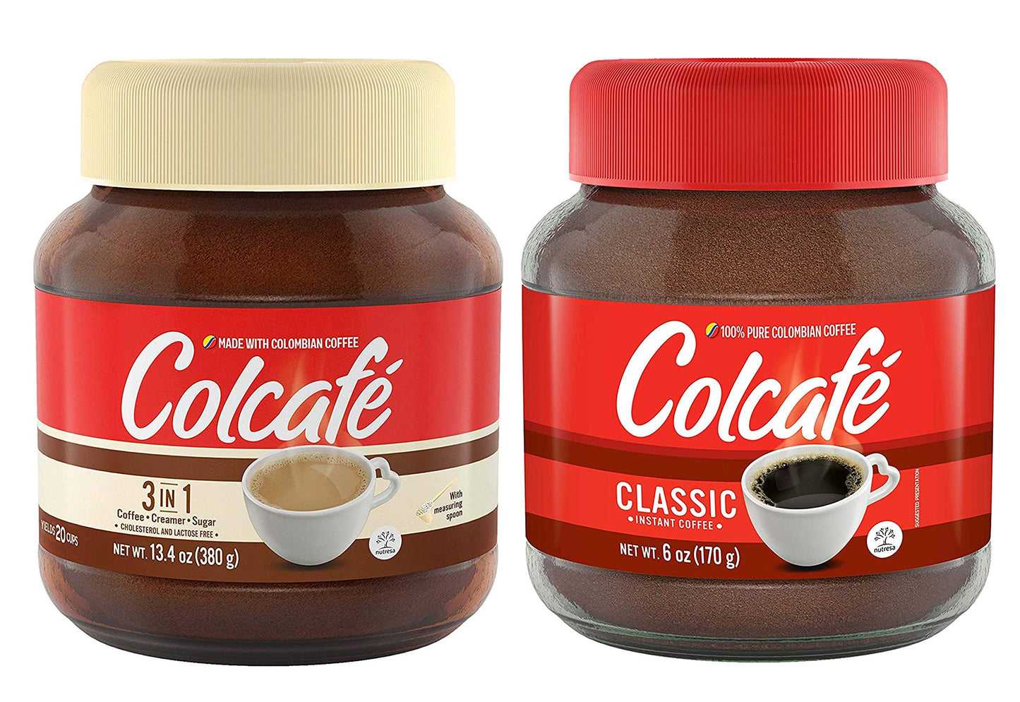 Colombian Coffee Colcafe COMBO, 1 Instant Classic Coffee 6 Oz & 1 Cafe con Leche 13.4 oz