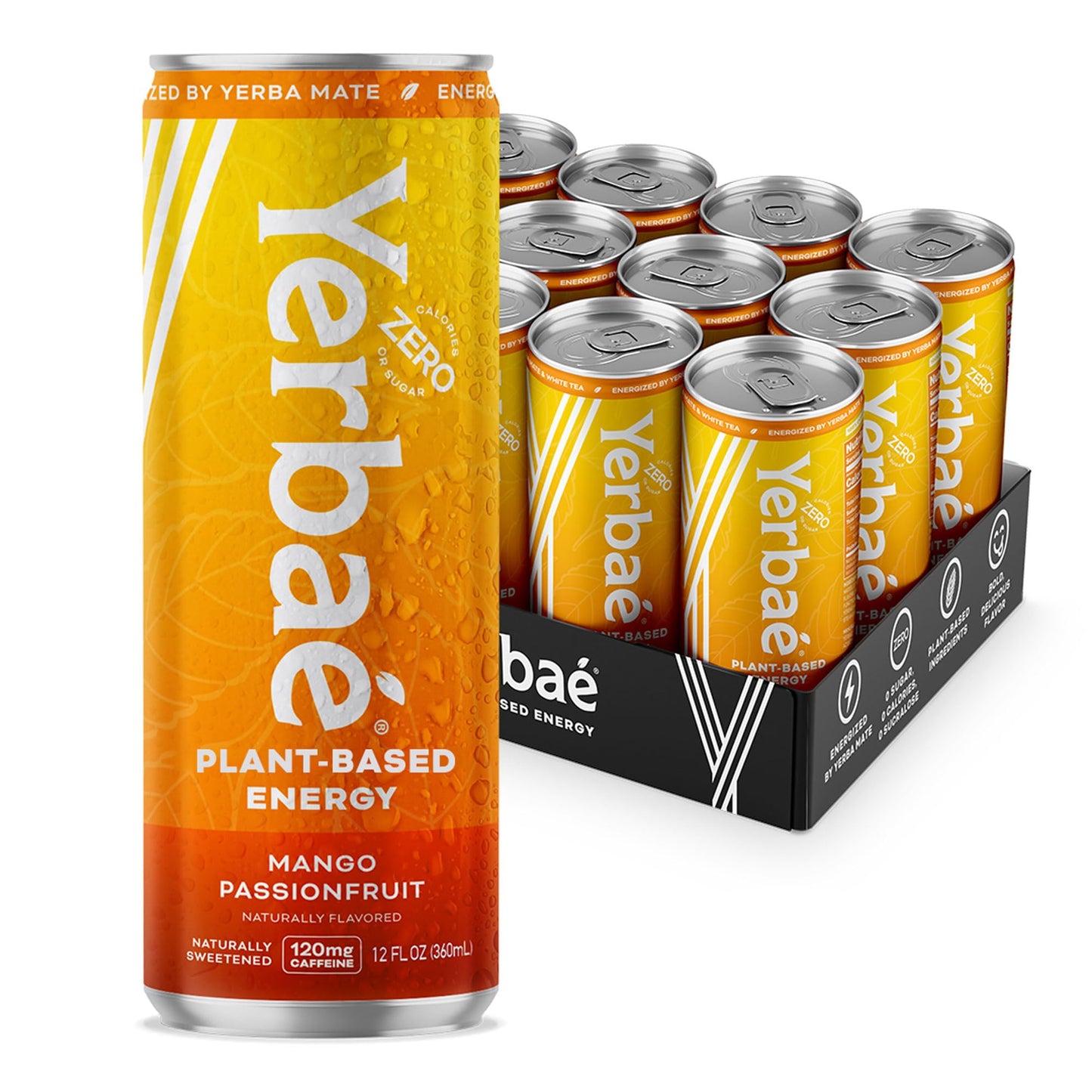 Yerbaé Energy Beverage, Mango Passion Fruit, 120mg Caffeine. No Sugar/Calories/Carbs, Energized by Yerba Mate, Plant-Based, Healthy Alternative