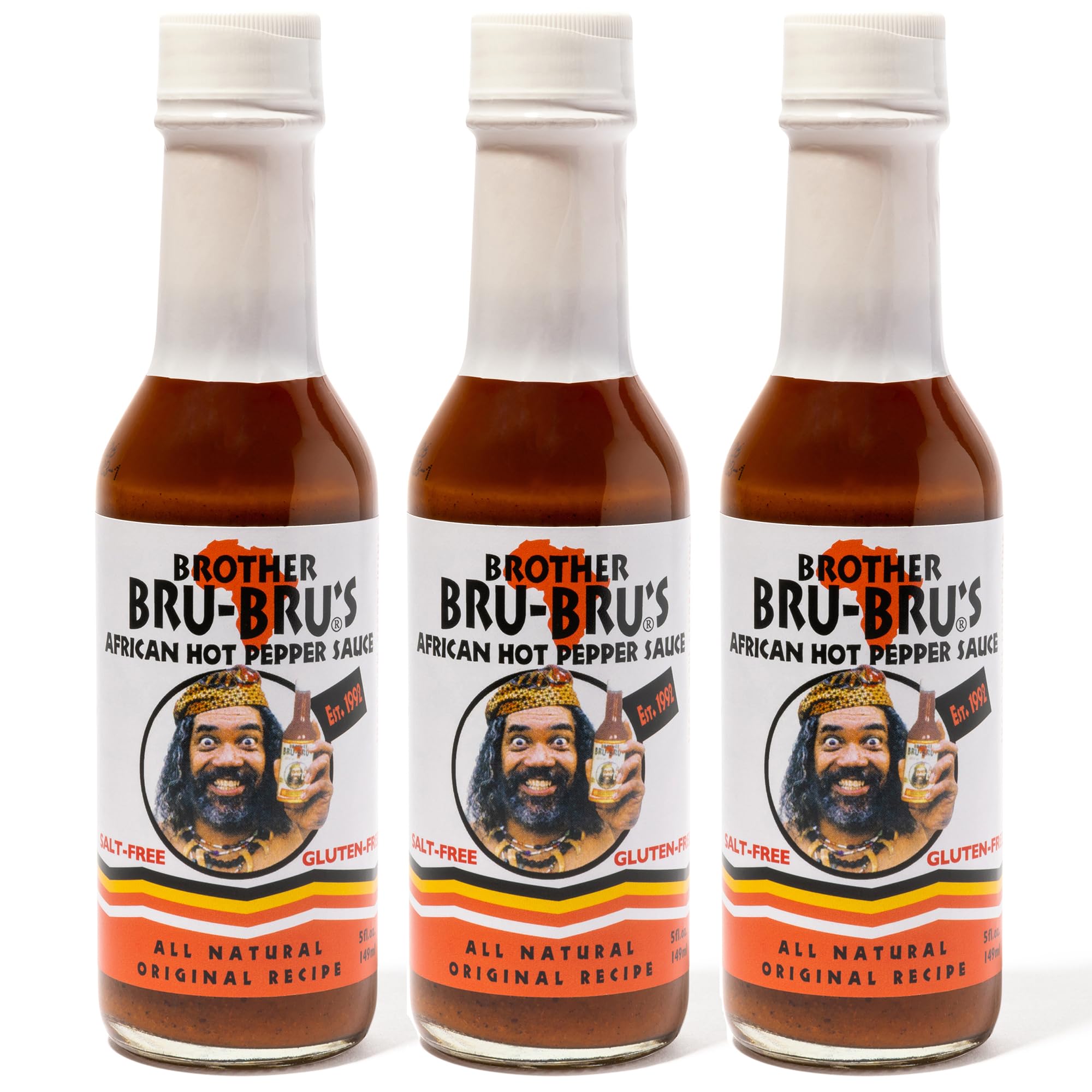 Brother Bru-Bru's African Hot Sauce - No Salt, No Sugar, Vegan - Habanero & African Spices - 5 oz (Pack of 3)