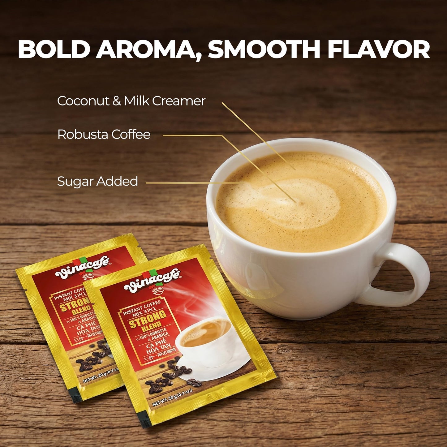 Vinacafe 40 cts 3 in 1 Vietnamese Instant Coffee Gold Red Strong Rich Blend, 40 Sachets (2 Bags of 20 Sachets)