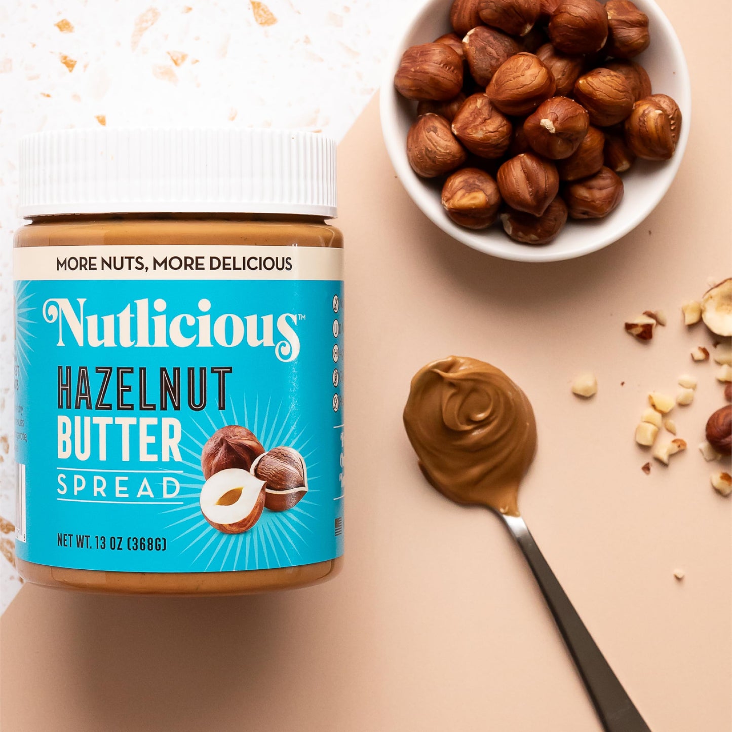 NUTLICIOUS Hazelnut Butter Spread (13 oz), Spreadable Roasted Hazelnuts with Silky-Smooth Texture, Made in the USA, No Palm Oil, 4g of Protein