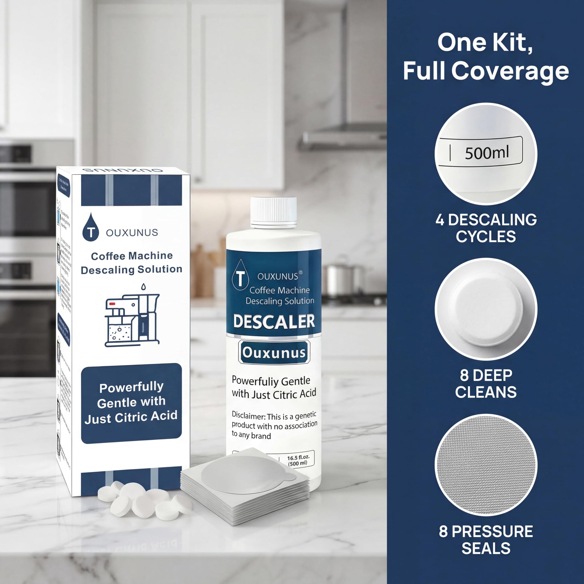 Ouxunus Descaling Solution Kit Compatible with Nespresso Vertuo Descaling solution & Coffee Machines, 16.9 fl Oz Descaler (4 Uses), 8 Cleaning Tablets