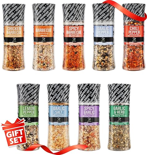 Soeos Spice Seasoning Set of 9, 16.28oz(461g), With Integrated Grinders, Salt and Pepper Grinder Set, Pure and Fresh Perfect for BBQ Seasoning Gift