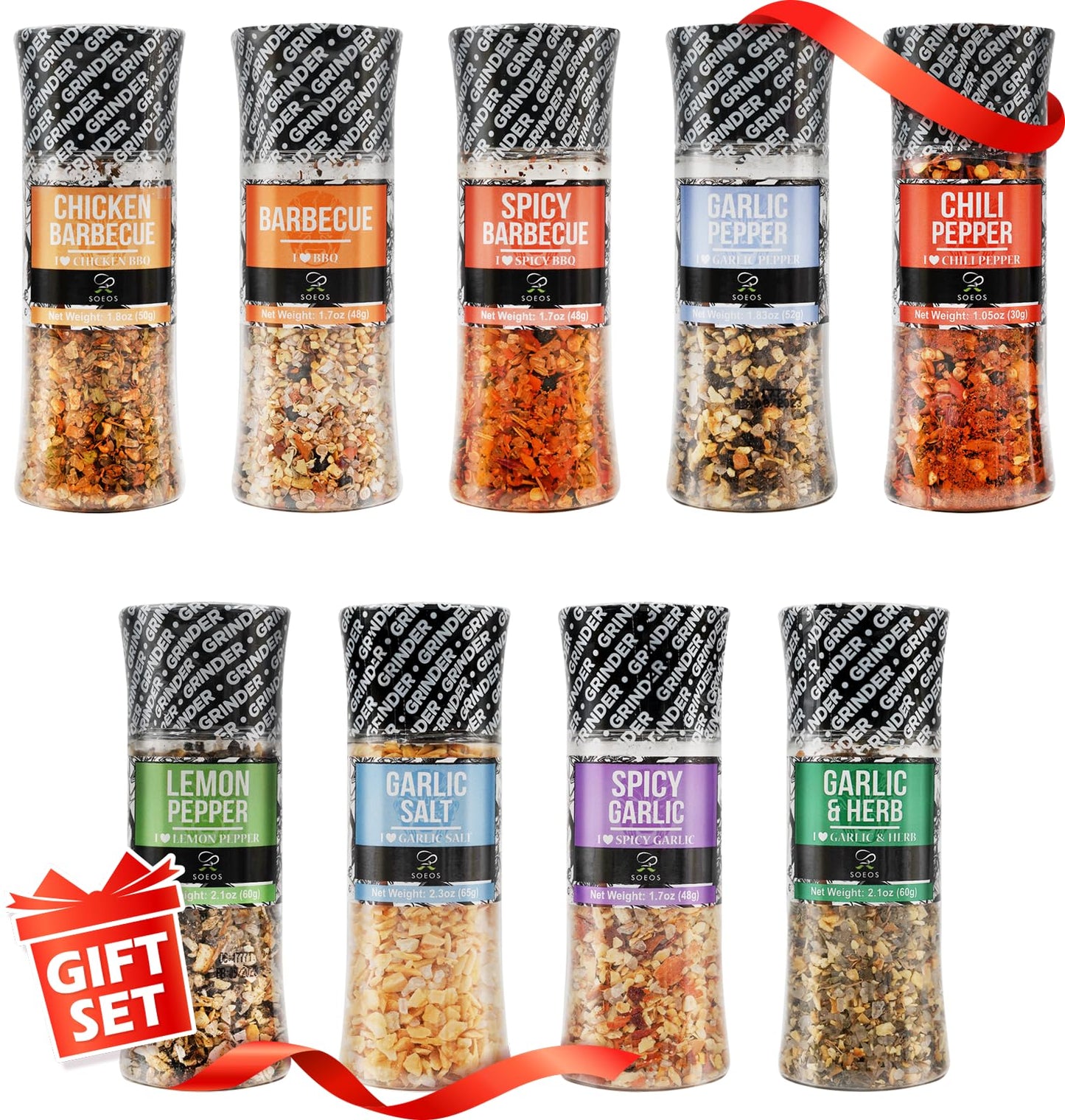 Soeos Spice Seasoning Set of 9, 16.28oz(461g), With Integrated Grinders, Salt and Pepper Grinder Set, Pure and Fresh Perfect for BBQ Seasoning Gift