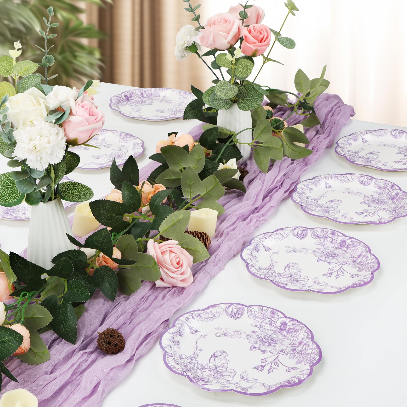 CENLBJ 100 Pcs Lavender Flower Paper Plates,Disposable Floral Party Plates Scalloped Dessert Plate for Wedding Birthday Baby Showers & Special Events