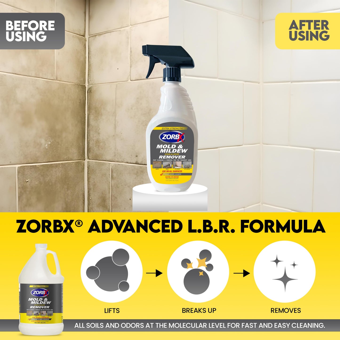 ZORBX Extra Strength Remover & Cleaner Spray 24 FL Oz - Scrub Free Formula - Bleach Free Stain & Smell Eliminator for Shower, Bathroom, Ceiling