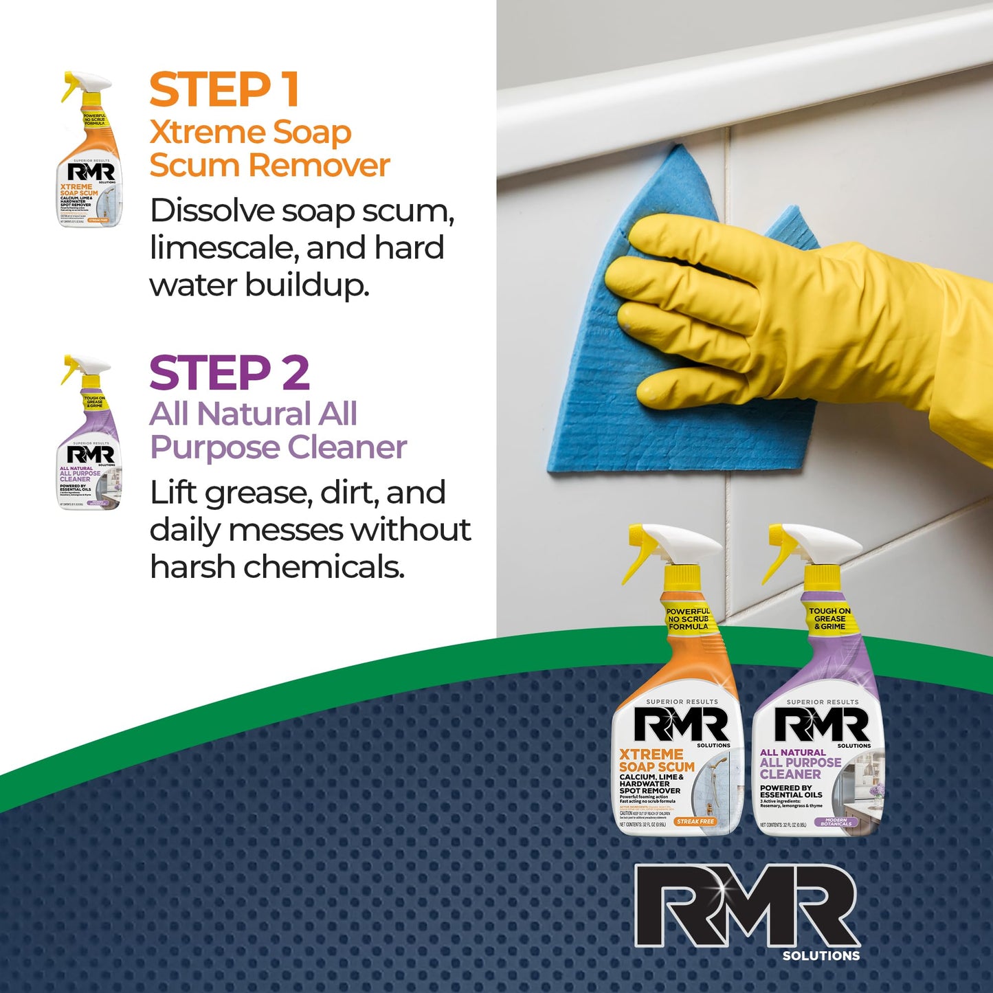 RMR Clean Slate System - Xtreme Soap Scum Remover + All Natural All Purpose Cleaner, 2-Step Bathroom & Household Cleaning Bundle for Shower, Tub