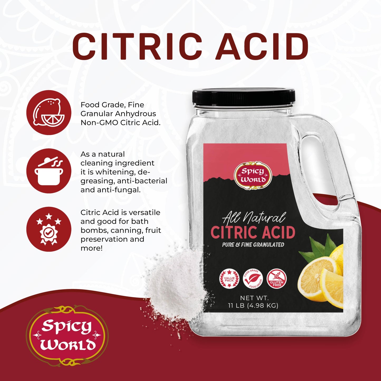Citric Acid 11 LB Bulk Jar - All Natural, Food Grade, Non-GMO Citric Acid Powder for Cleaning, Bath Bombs, Preserving | Fine Granular & Premium