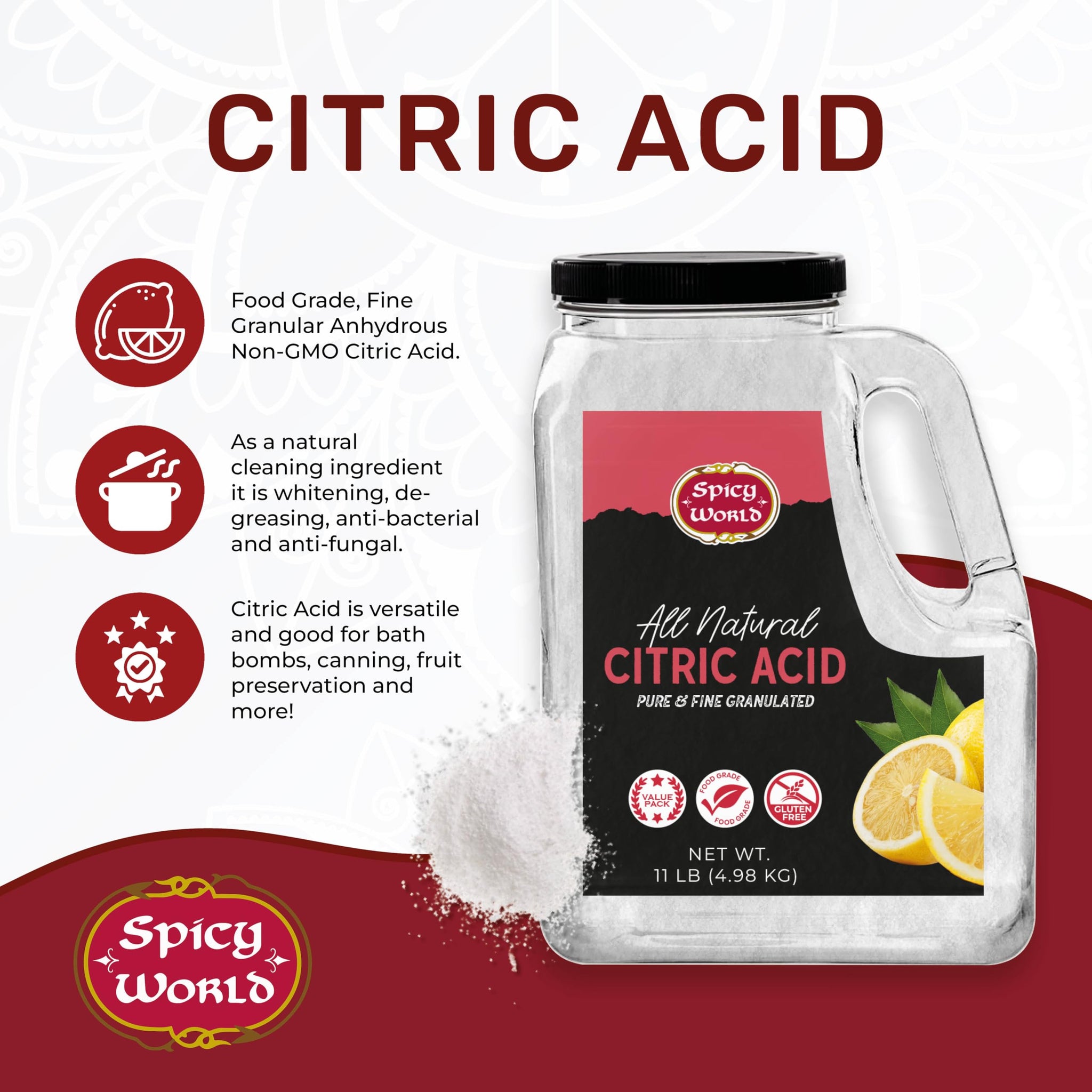 Citric Acid 11 LB Bulk Jar - All Natural, Food Grade, Non-GMO Citric Acid Powder for Cleaning, Bath Bombs, Preserving | Fine Granular & Premium