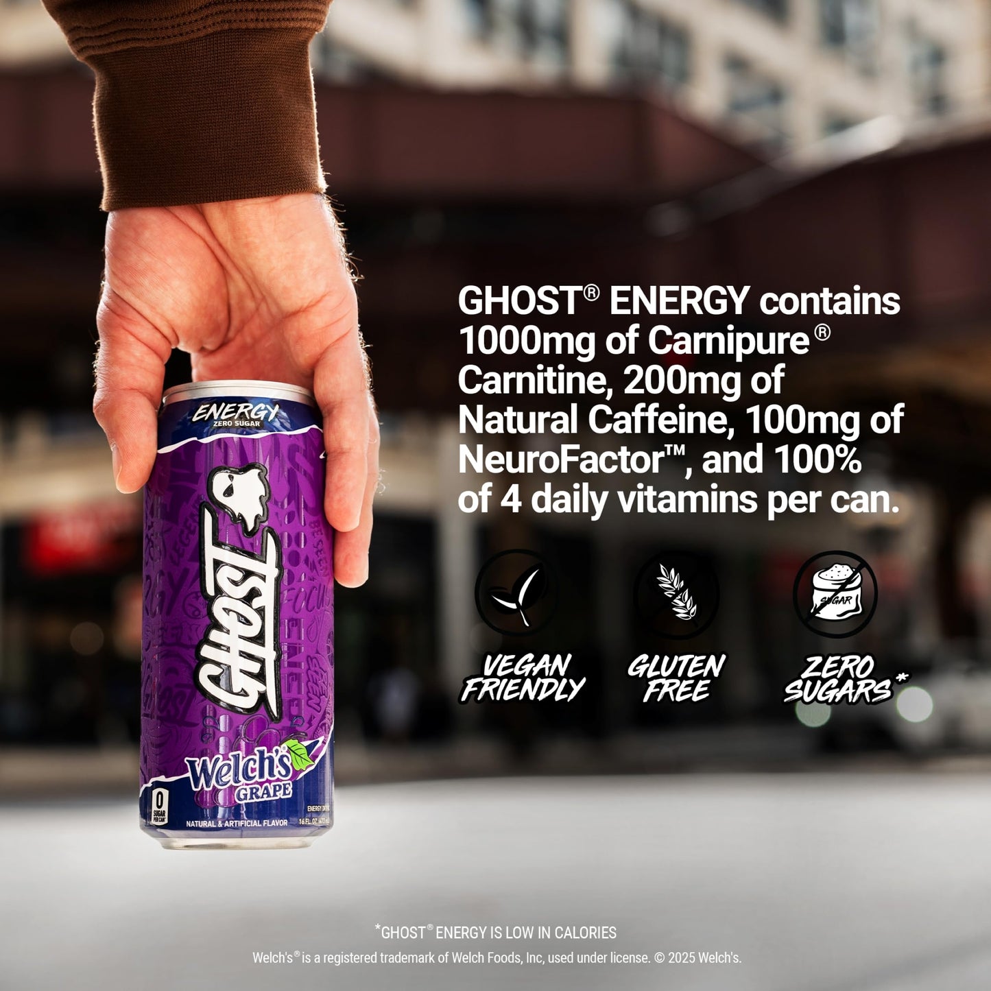 GHOST Energy Drink - 12-Pack, Welch's Grape, 16oz Cans - Energy & Focus & No Artificial Colors - 200mg of Natural Caffeine, L-Carnitine & Taurine