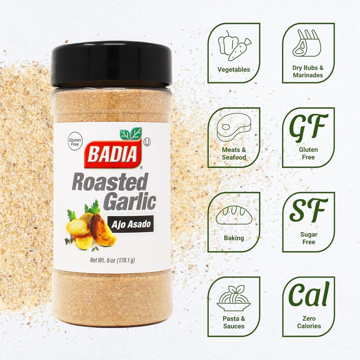Badia Roasted Garlic Powder Seasoning, 6 oz - Smoky, Roasted Sweet Garlic Flavor - Gluten Free