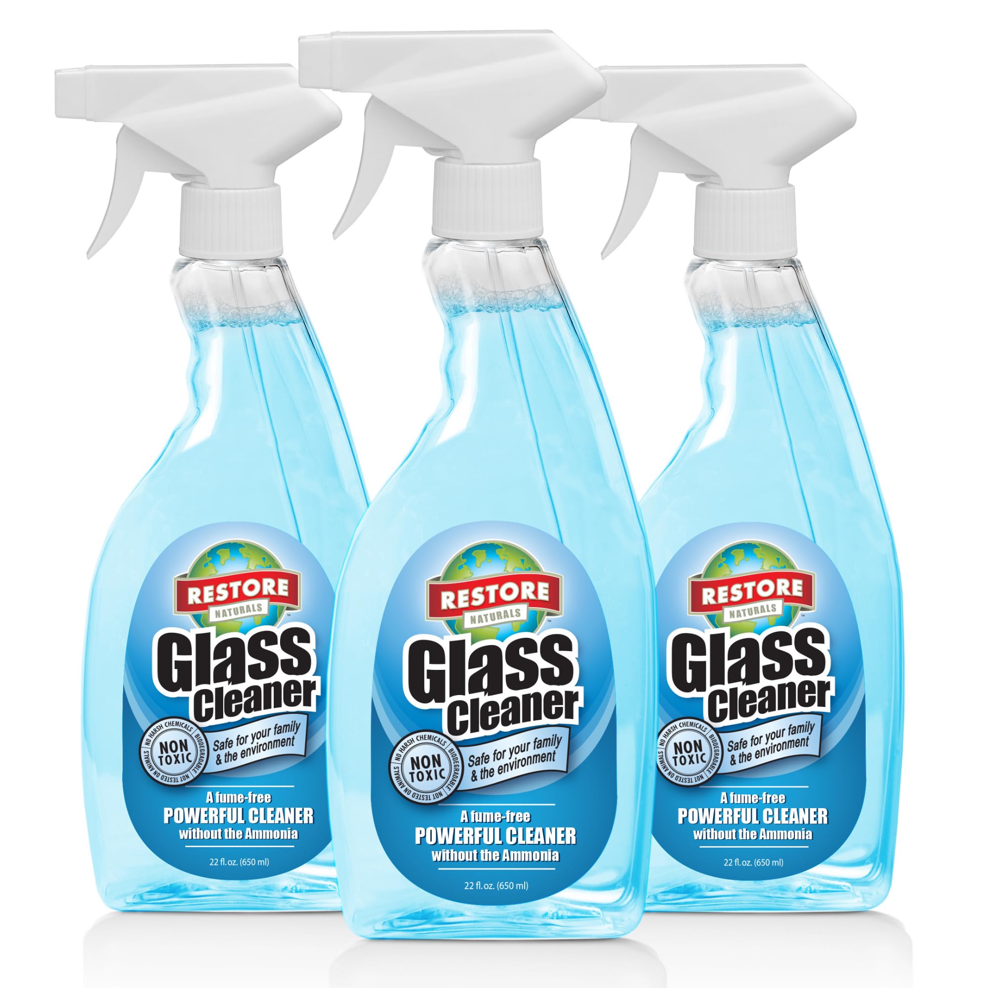 Restore Naturals 22oz Non Toxic Glass Cleaner Spray - Ammonia Free | Fume Free | Plant Based | Biodegradable - 3 Pack