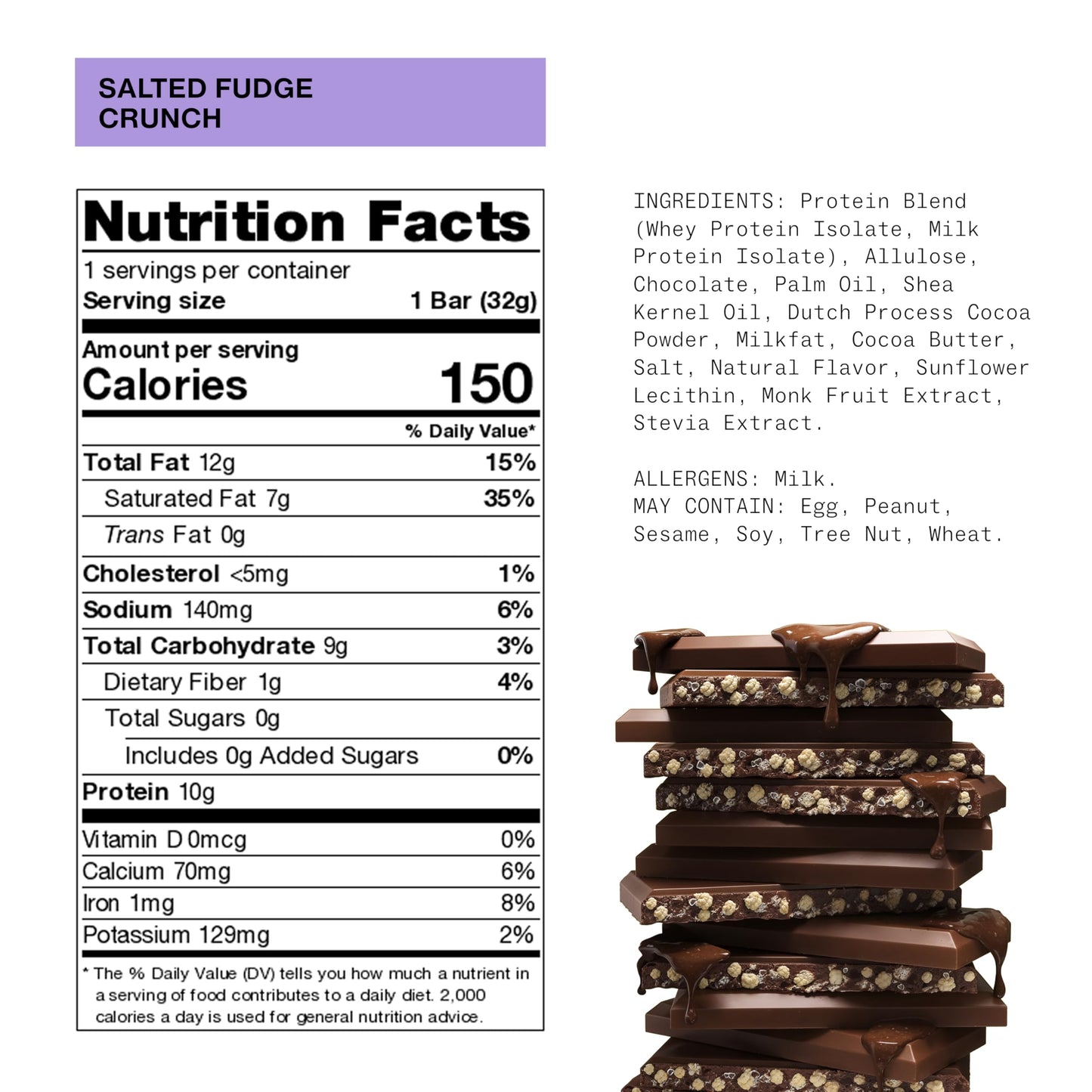 Hormbles Chormbles Protein Candy Bars, Salted Fudge, 10g Protein, 0g Sugar, 140 Calories, Fudge Chocolate Candy With Crunchy Pieces and Salt, Sugar