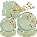 WYQJHKV Sage Green Plates and Napkins Party Supplies,Sage Green Paper Plates,Sage Green and Gold Party Plates for Wedding(Serve 25 Guests)