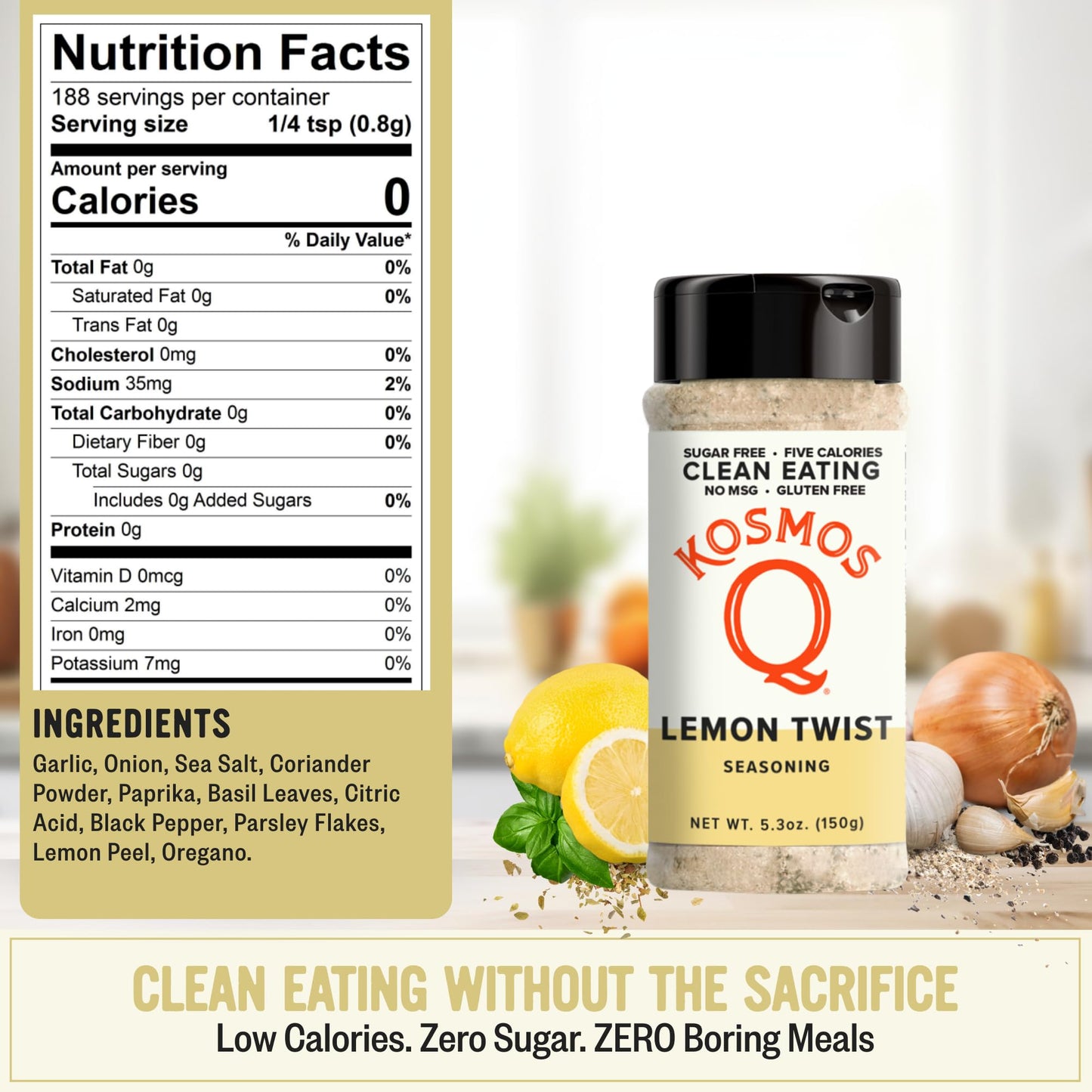 Kosmos Q Lemon Twist Seasoning, Zesty Lemon Pepper Spice Mix for Chicken, Fish, Veggies & More, All-Natural Clean Eating Herbs & Spices, Sugar Free