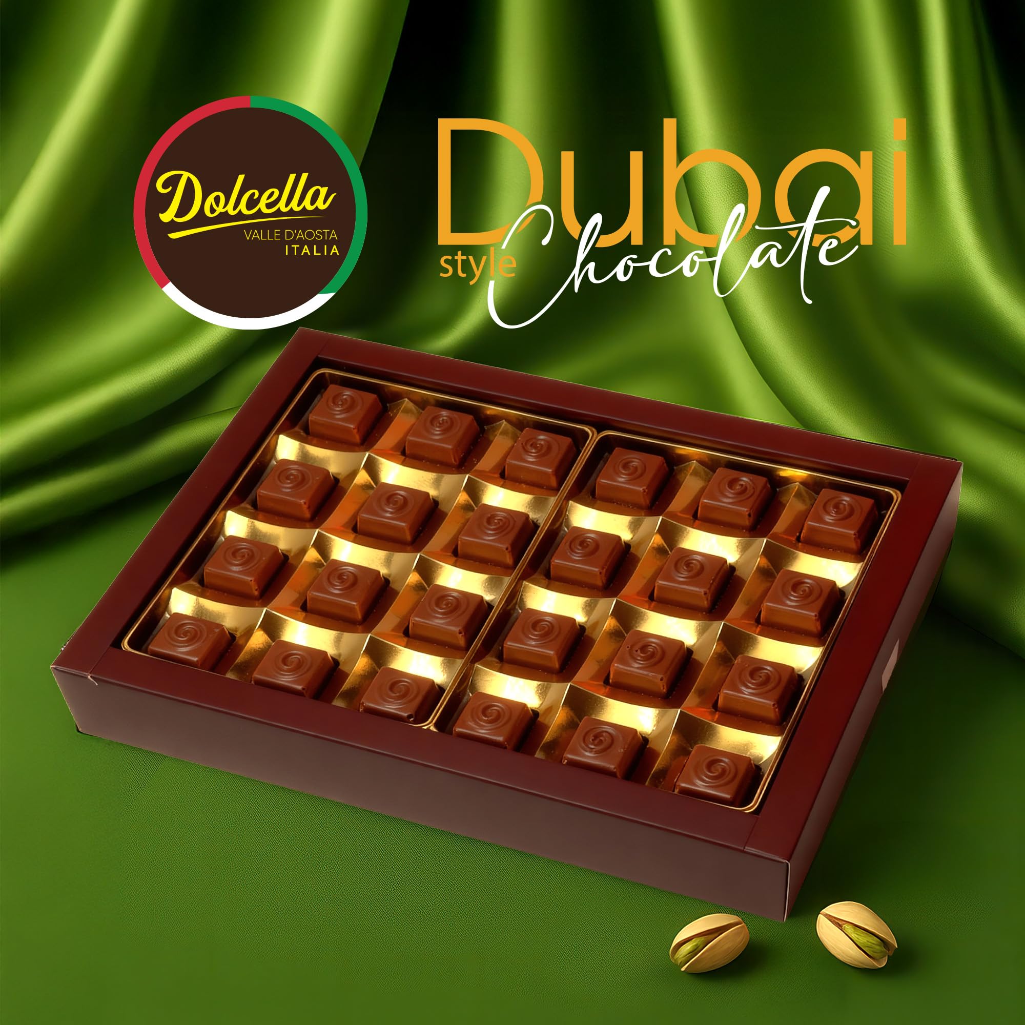 Dolcella Dubai Chocolate Truffles Gift Box - Milk Chocolate with Pistachio Cream, Butter & Crispy Kataifi | 24-Piece Luxury Chocolate Candy Box | 9.31
