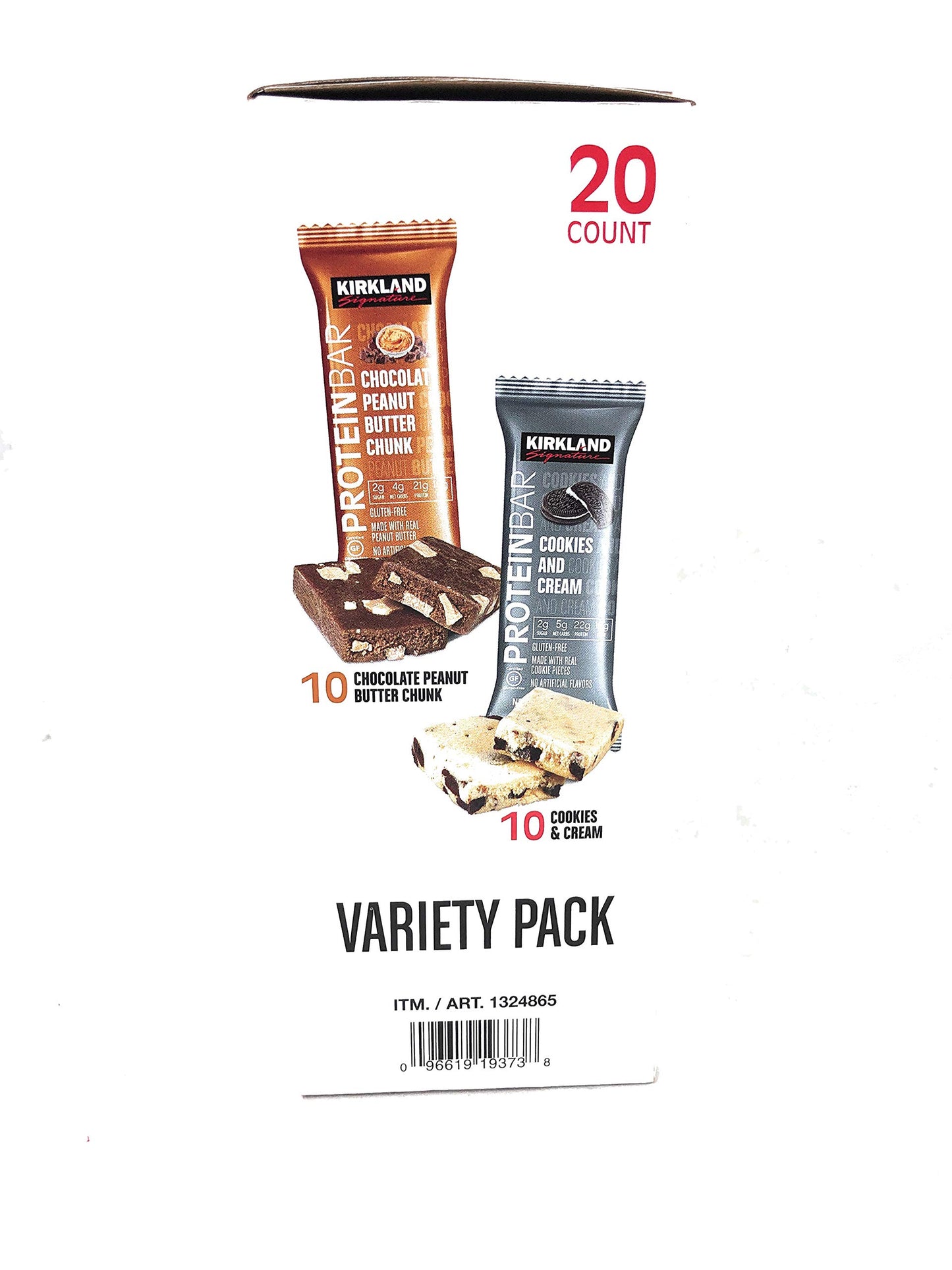 Kirkland Signature Protein Bar Variety Pack 20 Count Chocolate Peanut Butter Chunk & Cookies and Cream Gluten Free 21-22g of Protein 2g Sugar No
