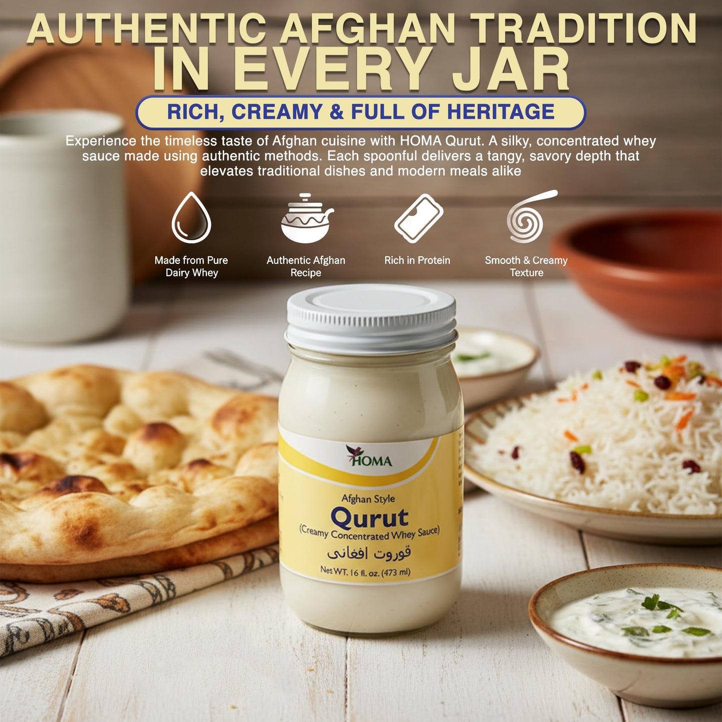 HOMA Afghan Style Qurut, Creamy Concentrated Whey Sauce, Traditional Protein-Rich Dairy Condiment, 16 Fl Oz