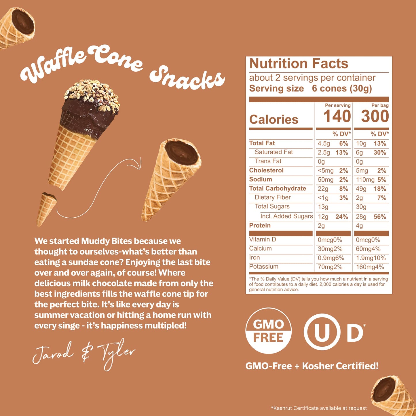 Muddy Bites Waffle Cone Snacks Bite Sized Chocolate Filled Waffle Cones for Snack or Dessert, Ice Cream Topping, made with Pure Cane Sugar, Kosher