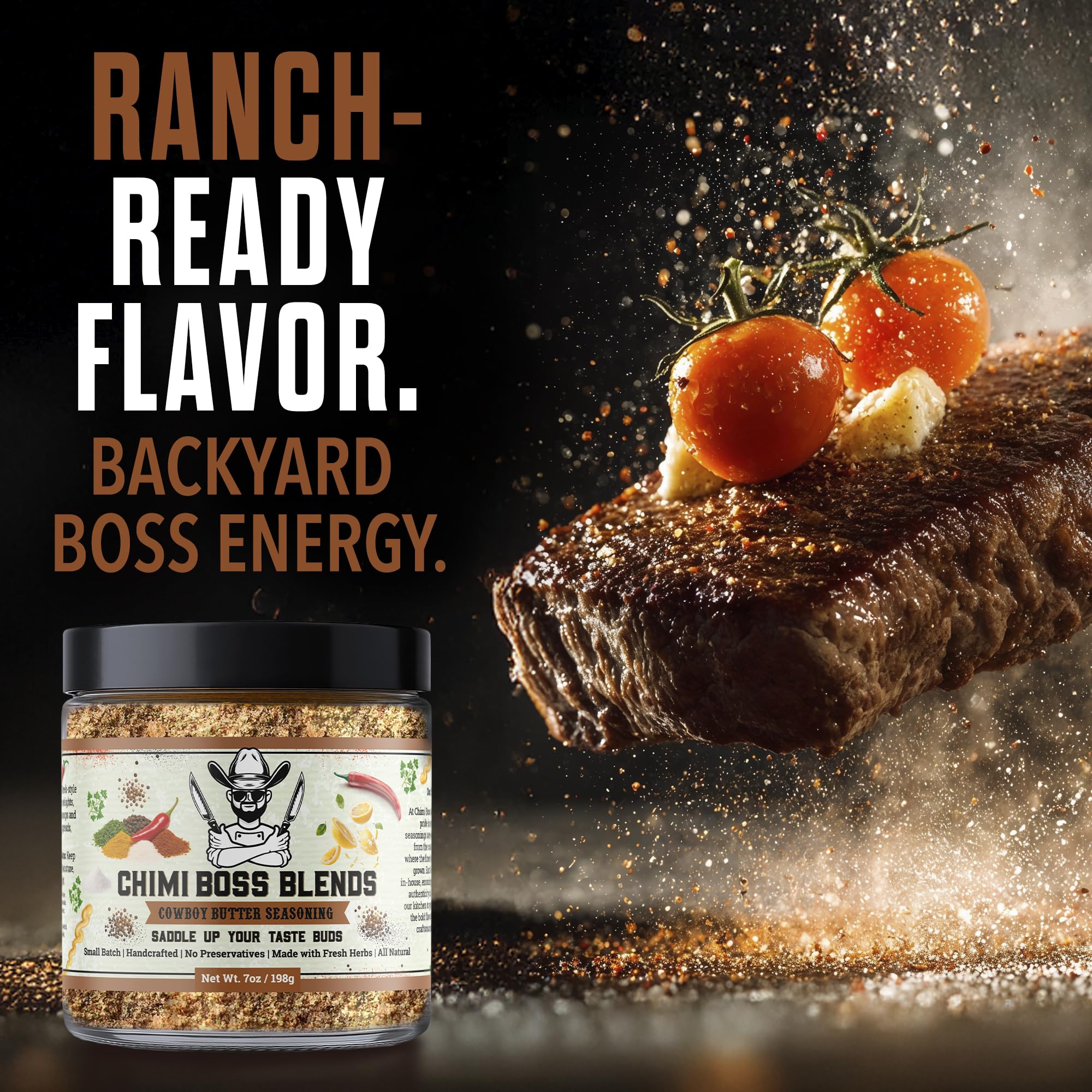 Chimi Boss Blends Cowboy Butter Seasoning, 7oz - Garlic Herb Butter Dry Rub for Grilling, Smoking & BBQ - Gourmet Small-Batch Spice Blend for Steak