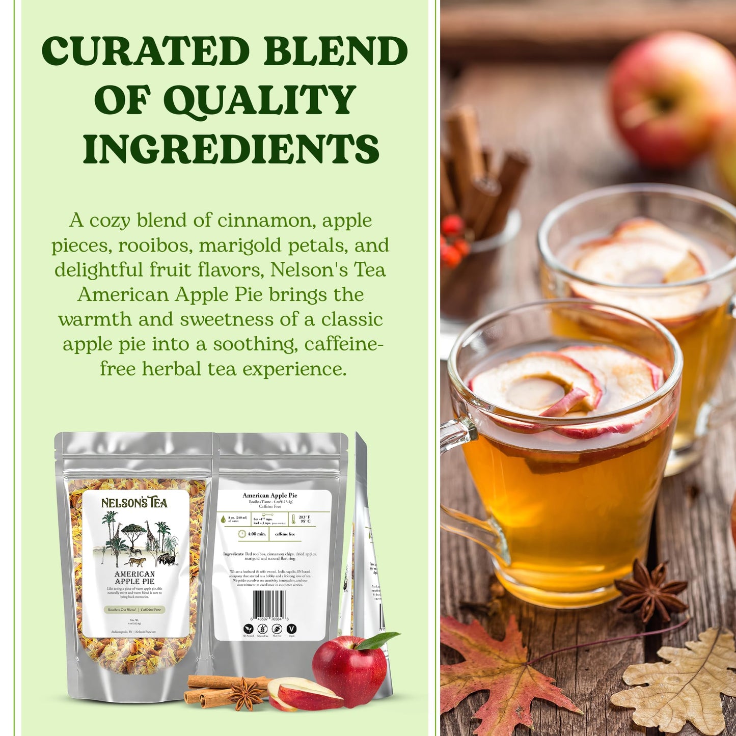 Nelson's Tea American Apple Pie - Caffeine Free, Herbal Loose Leaf Tea, Curated Blend with Cinnamon, Apple Pieces, Rooibos, and Marigold Petals