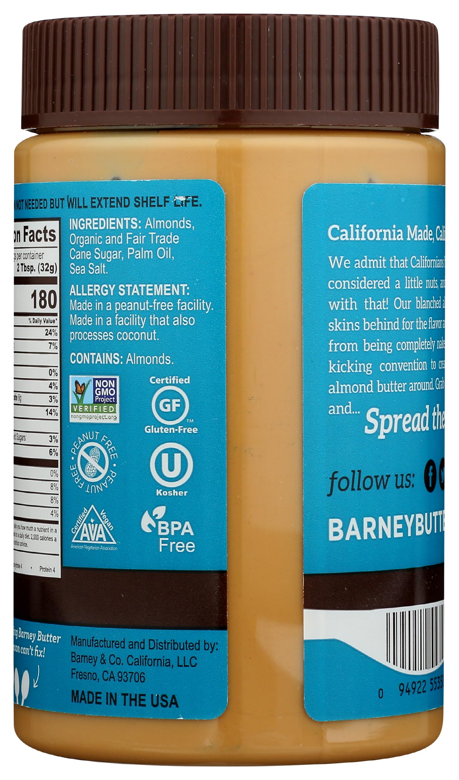 Barney Butter Almond Butter, Smooth, No Stir, Non-GMO, Skin-Free, Paleo Friendly, KETO, 16 Ounce