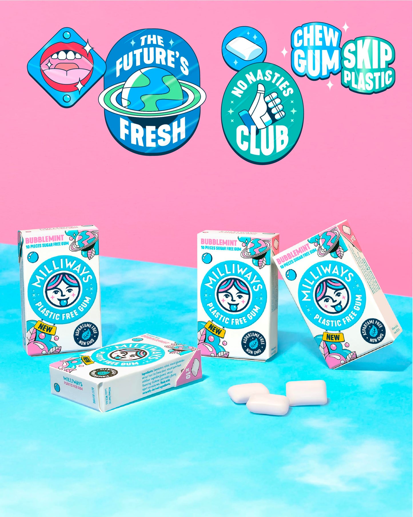 Milliways Bubblemint | Plastic Free Gum | Xylitol, Aspartame-Free, Sugar-Free, Plant-Based, Natural Chewing Gum | 120 Pieces Total (12 Packs of 10