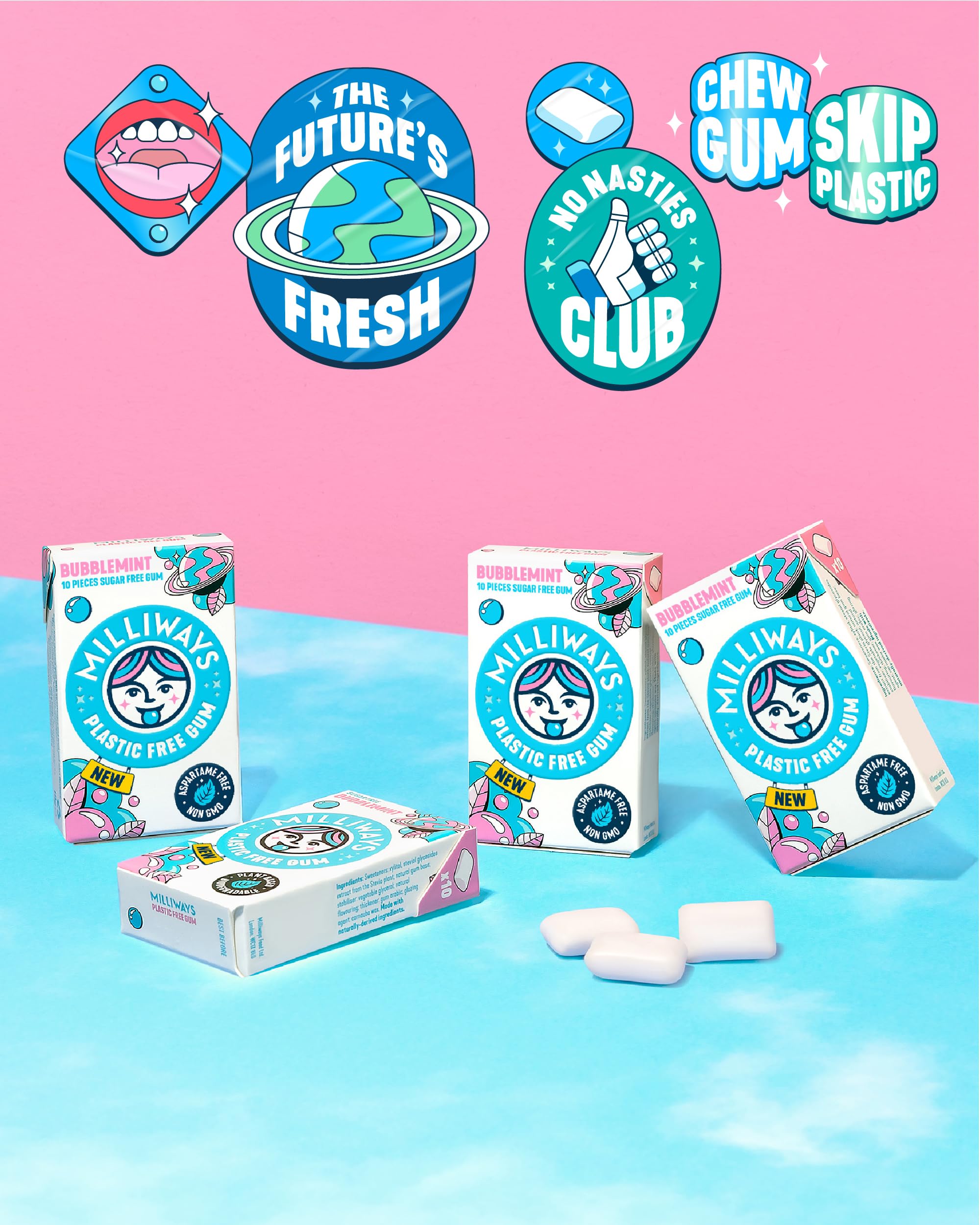 Milliways Bubblemint | Plastic Free Gum | Xylitol, Aspartame-Free, Sugar-Free, Plant-Based, Natural Chewing Gum | 120 Pieces Total (12 Packs of 10