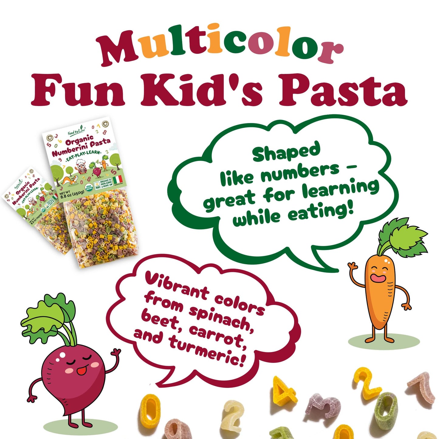 Food to Live Organic Numberini Pasta - Eat. Play. Learn, 8.8 oz (Pack of 1) - Multicolor Italian Fun Kid's Pasta, Made with Roots and Vegetables