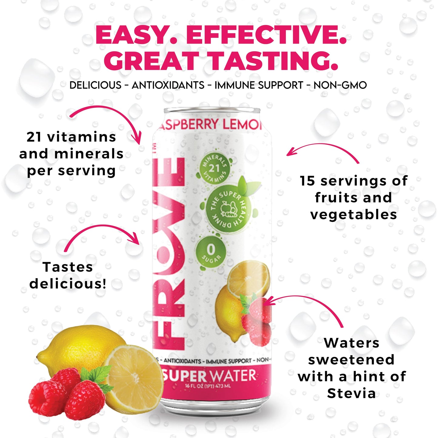 FrUve Super Water | Raspberry Lemon Flavor | 12 16oz Cans | Healthy Drink | Zero Sugar | Low Calorie Drink | Powerful Antioxidants | Boosts Immune
