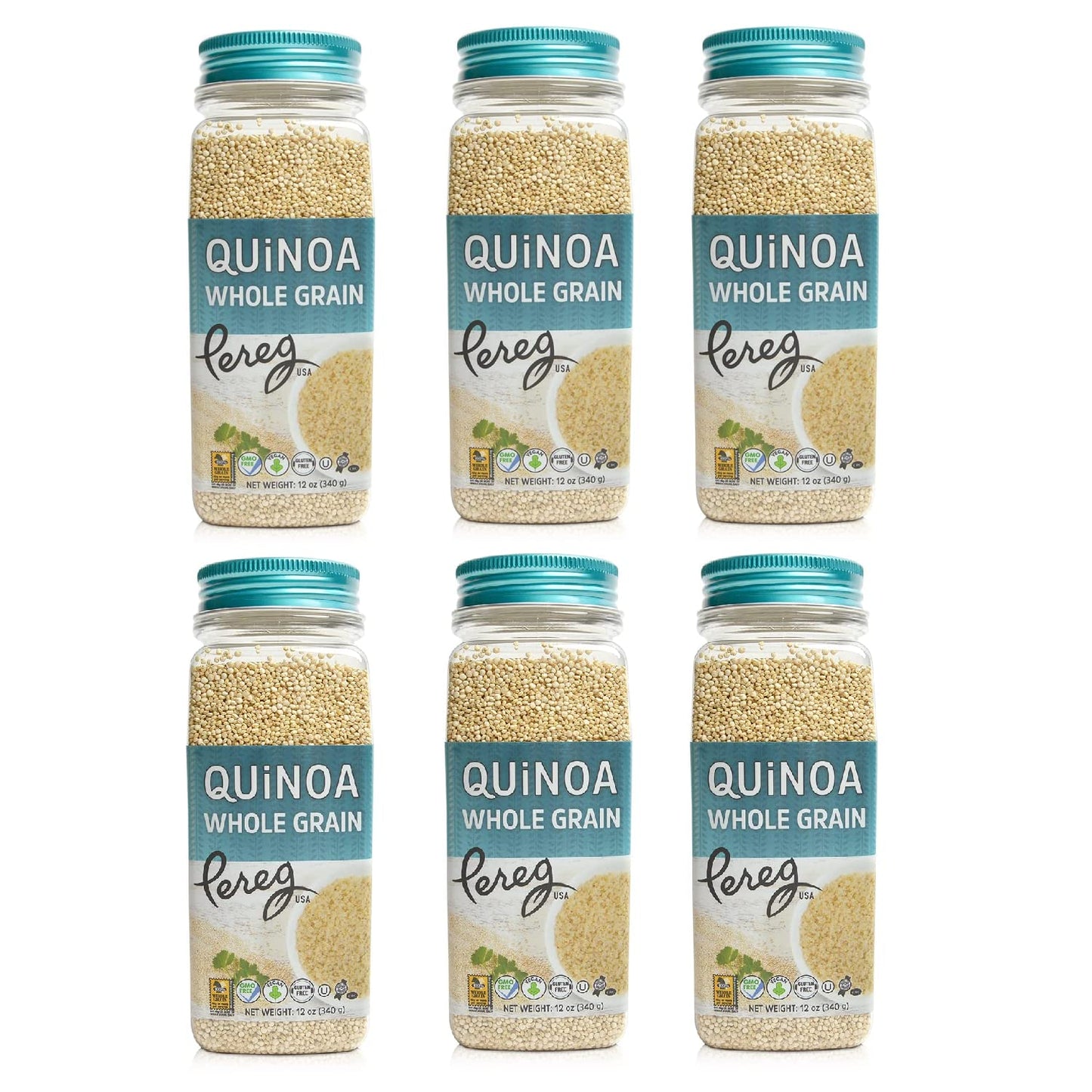 Pereg Whole Grain White Quinoa (12 oz x 6 Pack) Ancient Superfood Pre-Washed Quinoa Grains | Non-GMO, Vegan & Gluten-Free | Rice & Pasta Alternative | Rich in Protein, Fibre & Iron | Plant Protein
