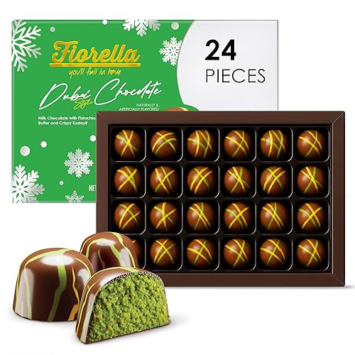 Fiorella Dubai Chocolate Gift Box, 24 Count, Premium Gourmet Milk Chocolate with Pistachio, Butter & Crispy Knafeh, Food Gifts for Holiday Gift