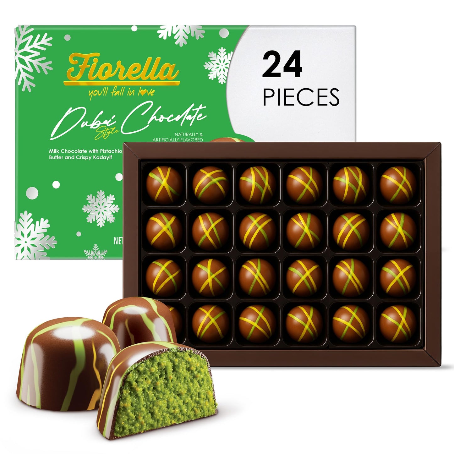 Fiorella Dubai Chocolate Gift Box, 24 Count, Premium Gourmet Milk Chocolate with Pistachio, Butter & Crispy Knafeh, Food Gifts for Holiday Gift