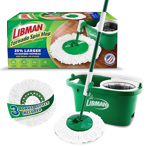 Libman Tornado Spin Mop System with Refill Heads, Microfiber Spinning Mop and Bucket with Wringer Set for Home, Floor Cleaning of Hard-Wood, Laminate