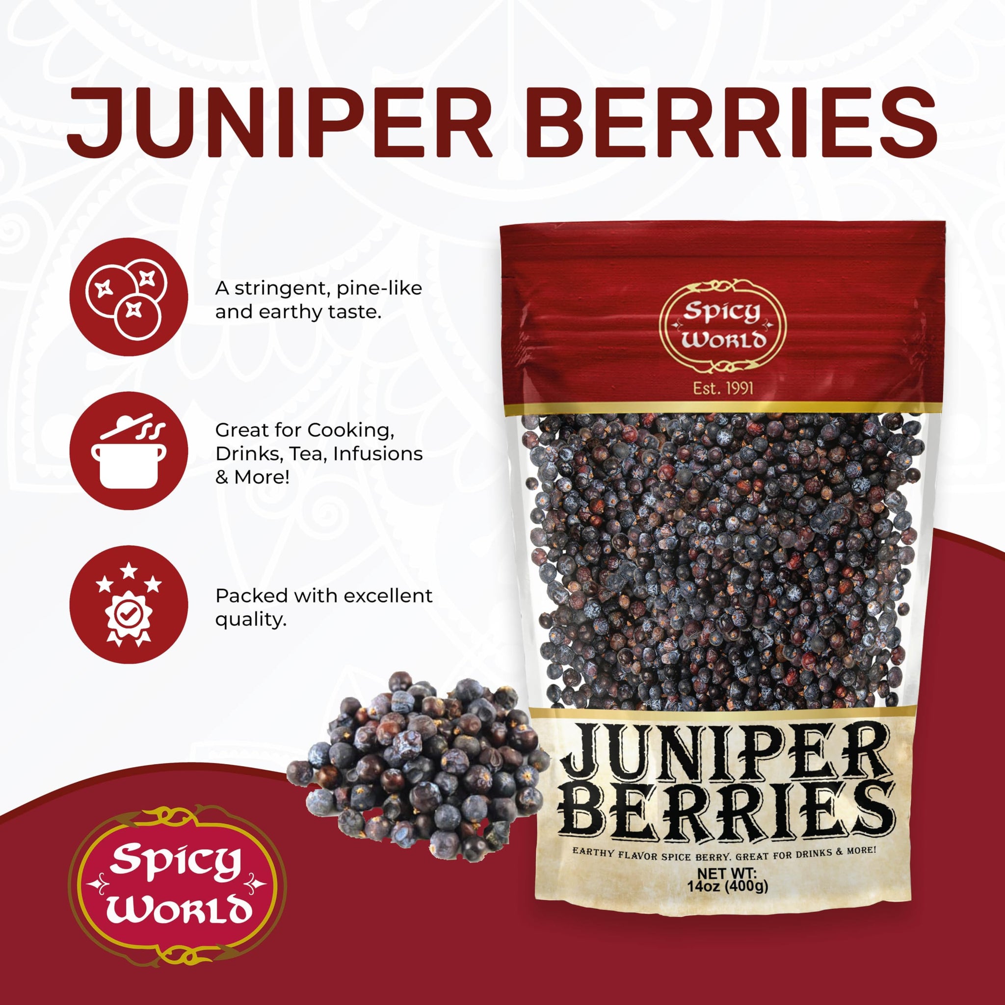 Spicy World Juniper Berries Whole 14 Ounce Bag- Pure - Great for Cooking, Drinks, Tea & More!