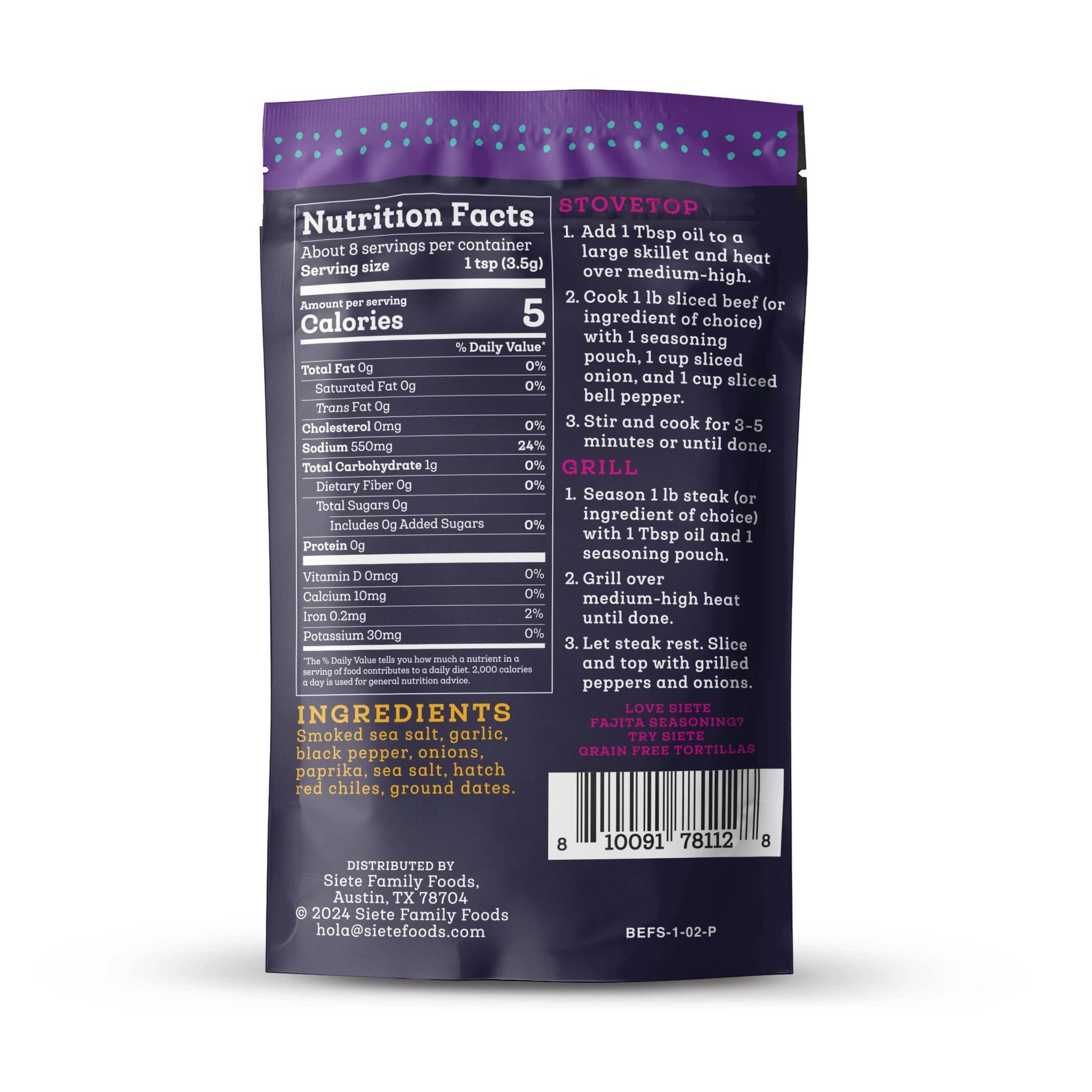 Beef Fajita Seasoning Mix | Seasoning for Beef, Shrimp, and Veggies | Gluten Free | Vegan | Non GMO | Whole30 Approved | 6 Packets (42 Servings)