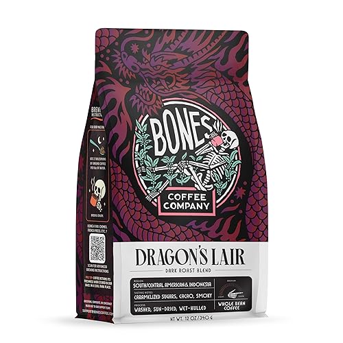 Bones Coffee Company Dragon's Lair - Dark Roast Coffee - Whole Bean - Low-Acid Arabica Coffee Beans - South/Central America and Indonesia Grown