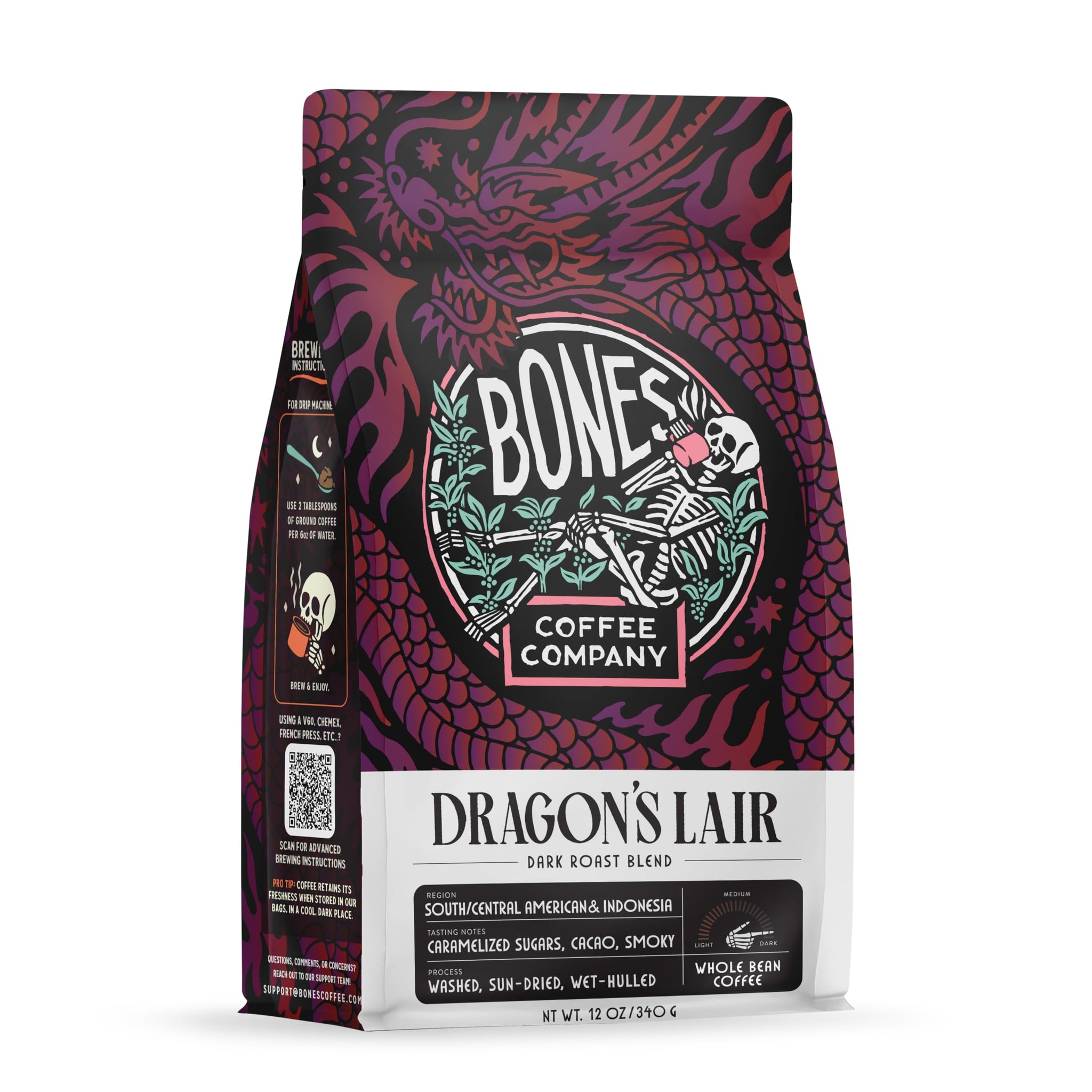 Bones Coffee Company Dragon's Lair - Dark Roast Coffee - Whole Bean - Low-Acid Arabica Coffee Beans - South/Central America and Indonesia Grown