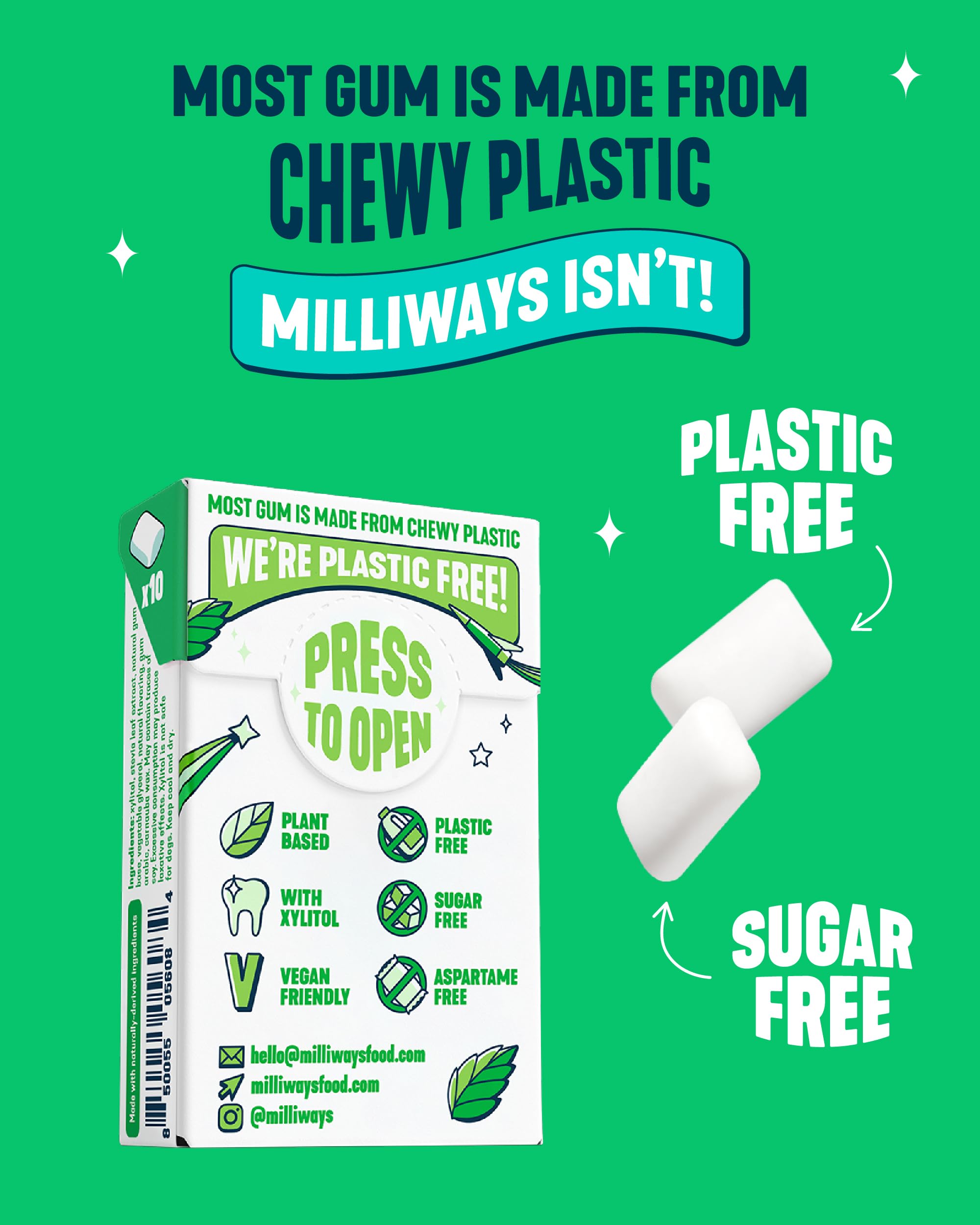 Milliways Spearmint | Plastic Free Gum | Xylitol, Aspartame-Free, Sugar-Free, Plant-Based, Natural Chewing Gum | 120 Pieces Total (12 Packs of 10