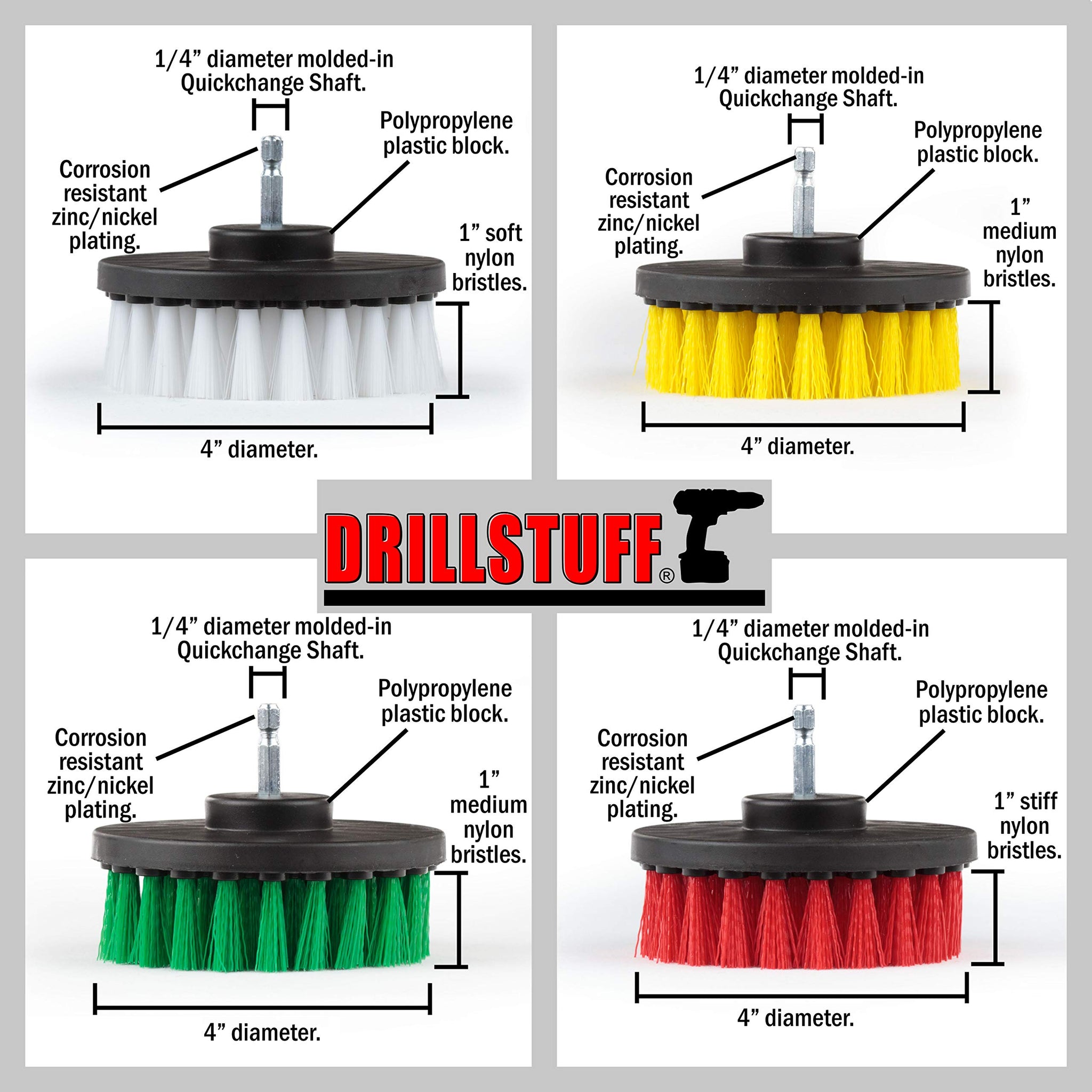 Drill Brush Attachment Power Scrubber Brush Set - 4in 4 Piece Soft, Medium and Stiff Power Scrubbing Brushes Drill Attachment - Spin Brushes