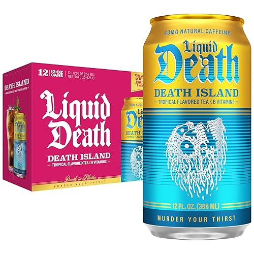 Liquid Death Iced Tea - Death Island (Tropical-Flavored Black Tea), Less Sugar*, Boost of Caffeine, B Vitamins, No Artificial Sweeteners, 12 Fl Oz