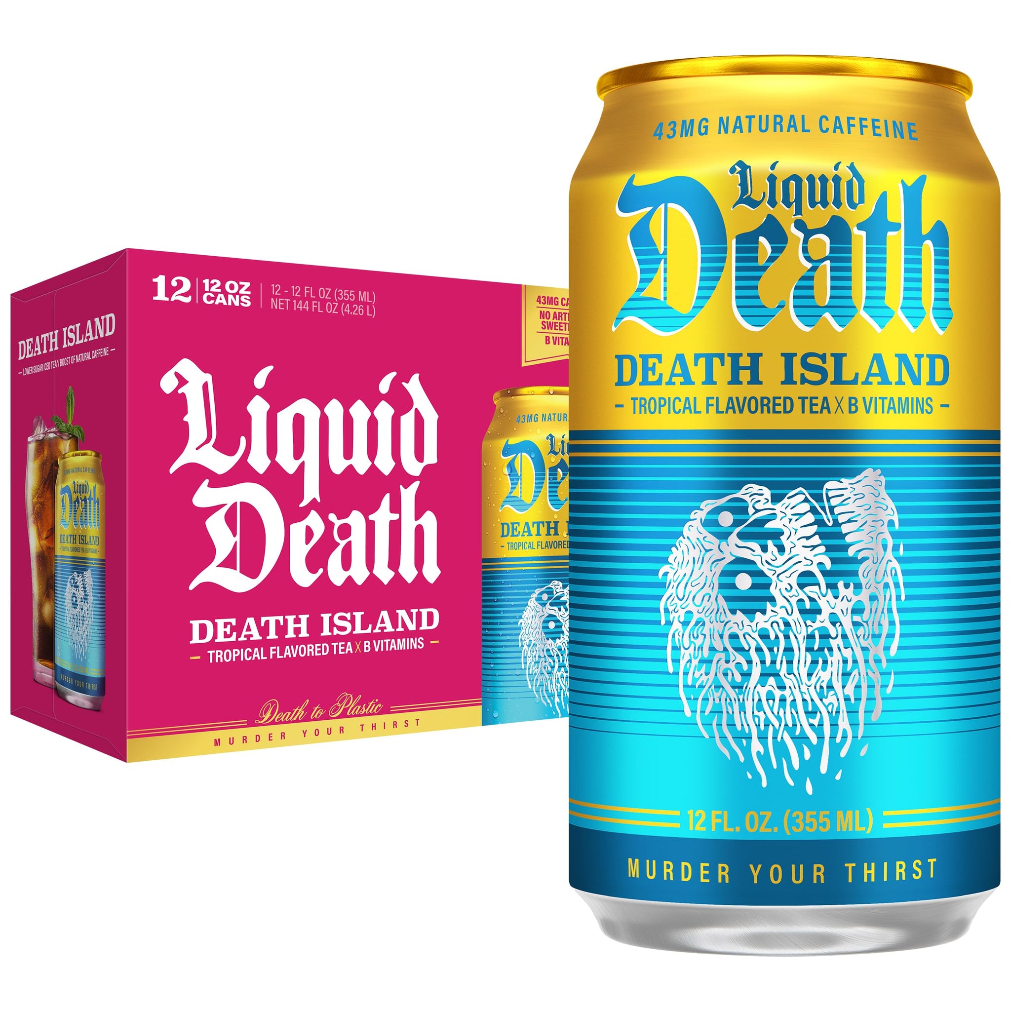 Liquid Death Iced Tea - Death Island (Tropical-Flavored Black Tea), Less Sugar*, Boost of Caffeine, B Vitamins, No Artificial Sweeteners, 12 Fl Oz