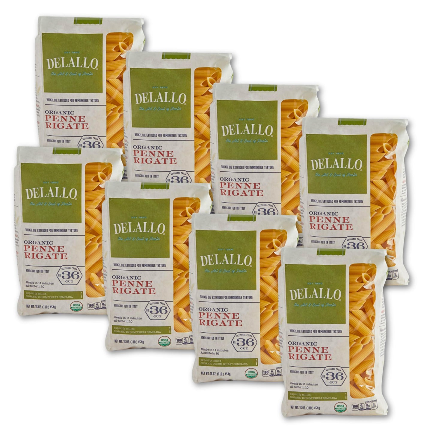 DeLallo Organic Penne Rigate Pasta, Made with 100% Durum Wheat Semolina Flour, Made in Italy, Bronze Cut, Kosher, Vegan, All Natural, 16 oz Bag, (8