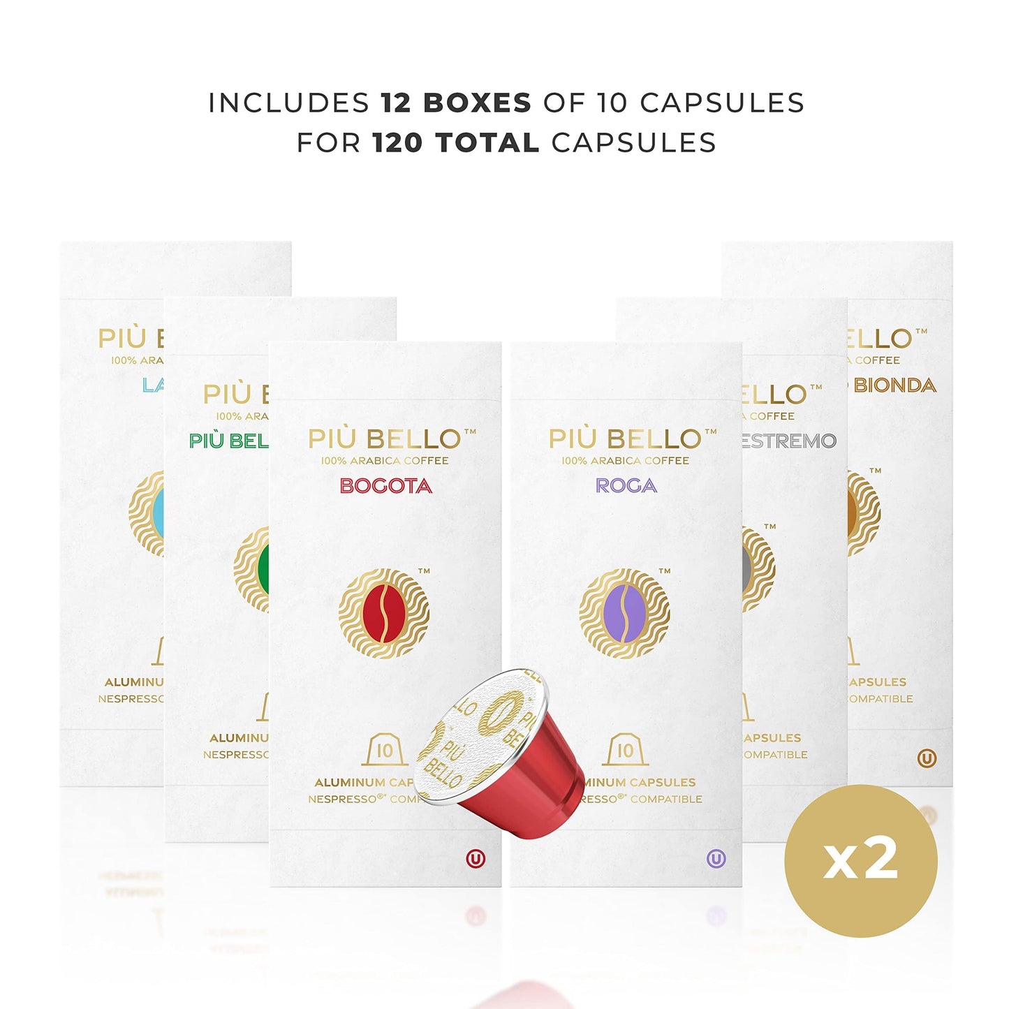 Piu Bello Espresso Coffee Pods - Variety Pack for Nespresso Original Machines - Light Roast, Dark Roast, Chocolate, Nutty, Caramel - Kosher, Rich