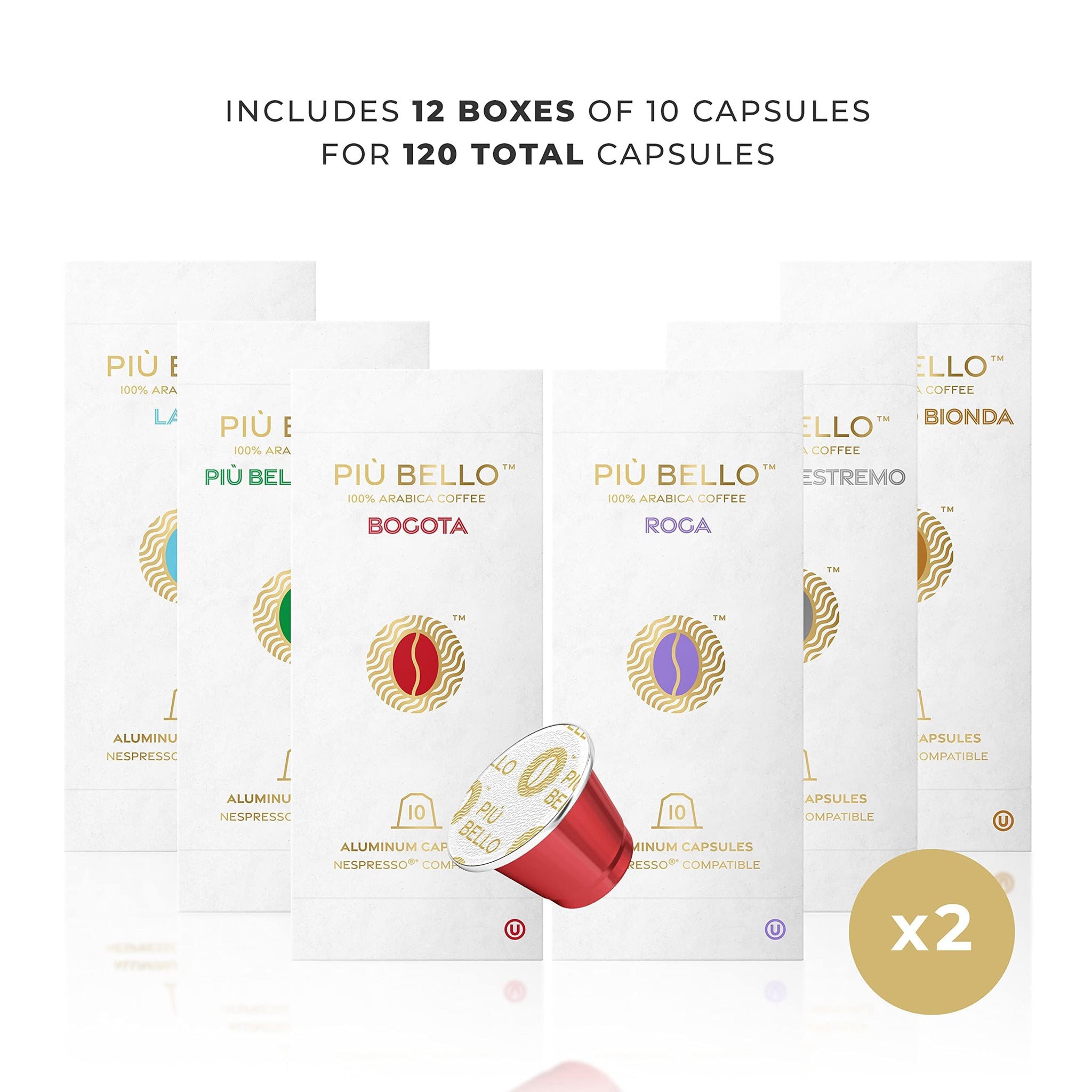 Piu Bello Espresso Coffee Pods - Variety Pack for Nespresso Original Machines - Light Roast, Dark Roast, Chocolate, Nutty, Caramel - Kosher, Rich
