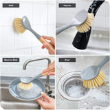 VRUPINZE Natural Bamboo Dish Brush Bottle Scrub Brush 4-Piece Set, with Ceramic Soap Dispenser - Wooden Washing Up Brushes with Sturdy Handles