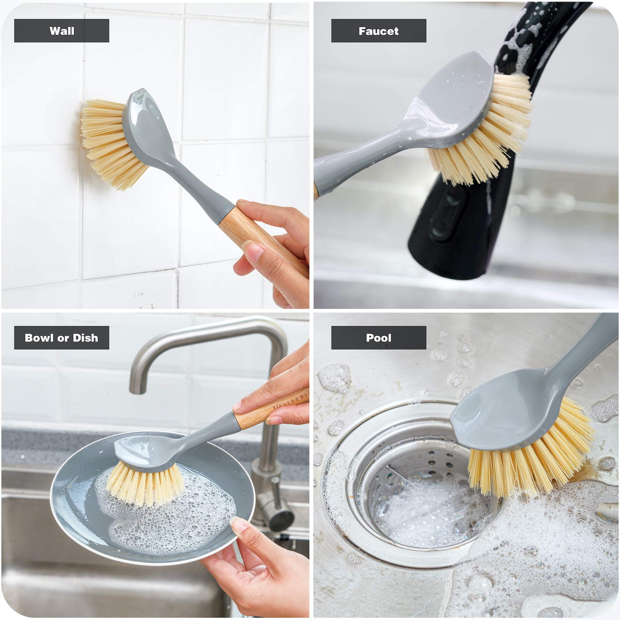 VRUPINZE Natural Bamboo Dish Brush Bottle Scrub Brush 4-Piece Set, with Ceramic Soap Dispenser - Wooden Washing Up Brushes with Sturdy Handles