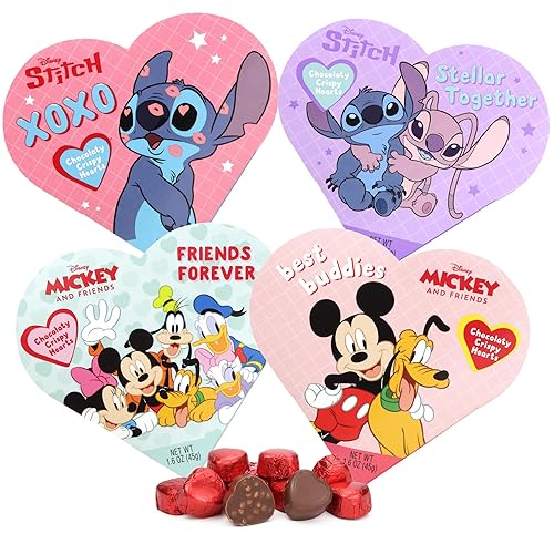 Disney Mickey, Minnie and Stitch Mini Heart Boxes with Chocolatey Candies, Valentines Candy Gift Set, 1.6 Ounces Each, Pack of 4